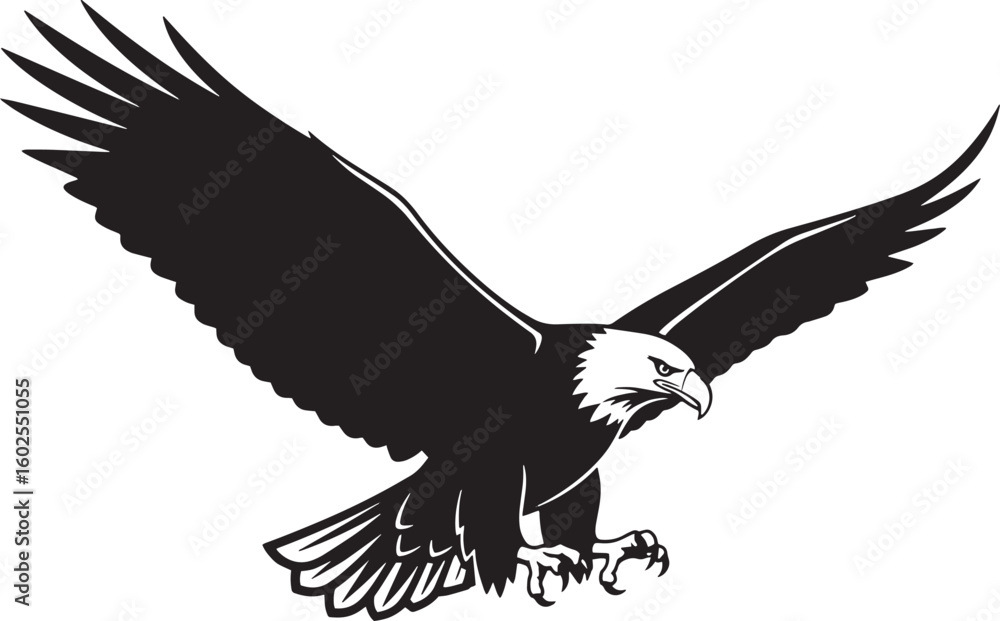 Obraz premium Bald eagle spreading majestic wings, black and white illustration of powerful bird of prey in flight, symbol of freedom and strength