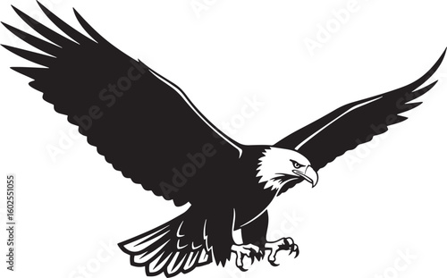 Bald eagle spreading majestic wings, black and white illustration of powerful bird of prey in flight, symbol of freedom and strength