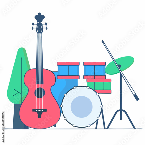 Musical Instruments Illustration with Guitar Drums and Cello in a Simple Style