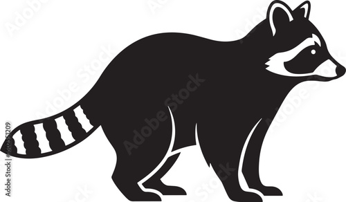 Raccoon Silhouette Vector Illustration, Black and White Mammal Graphic, North American Wildlife Icon, Standing Procyon Lotor Clipart
