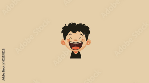 Happy young boy smiling with short black hair on beige background  