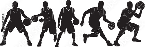 Group of Five Basketball Player Silhouettes in Various Action Poses, Dribbling, and Maneuvering Vector Set for Sports and Competition Graphics