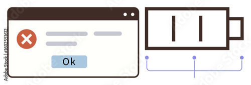 Dialog box with error message and Ok button next to an empty battery symbol. Ideal for technology, alert systems, energy management, device usage, hardware issues, user notifications, simple flat