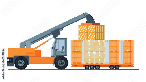 Illustration of a reach stacker lifting shipping containers onto a flatbed trailer for transport