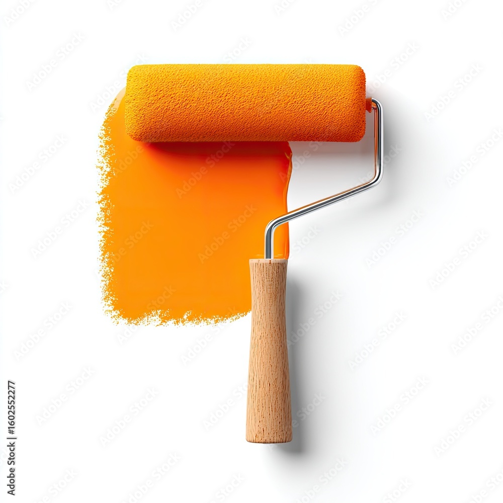 Obraz premium Bright Orange Paint Roller with Fresh Stroke on White Background for Art and DIY Projects