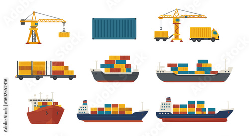 Flat design icons of cargo ships, containers, cranes, and trucks, illustrating global shipping and logistics.