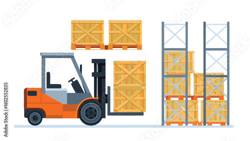 Forklift lifting a wooden crate near stacked crates and metal shelving in a warehouse setting scene