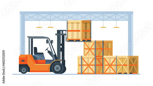 Forklift lifting wooden crates in a warehouse with stacked crates on the floor and overhead lighting