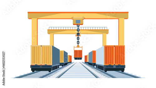 Illustration of a gantry crane lifting a container in a shipping yard with railway tracks and containers
