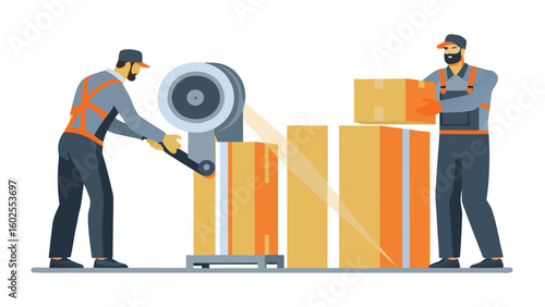 Two workers handling boxes with machinery in a warehouse setting for shipping and delivery process