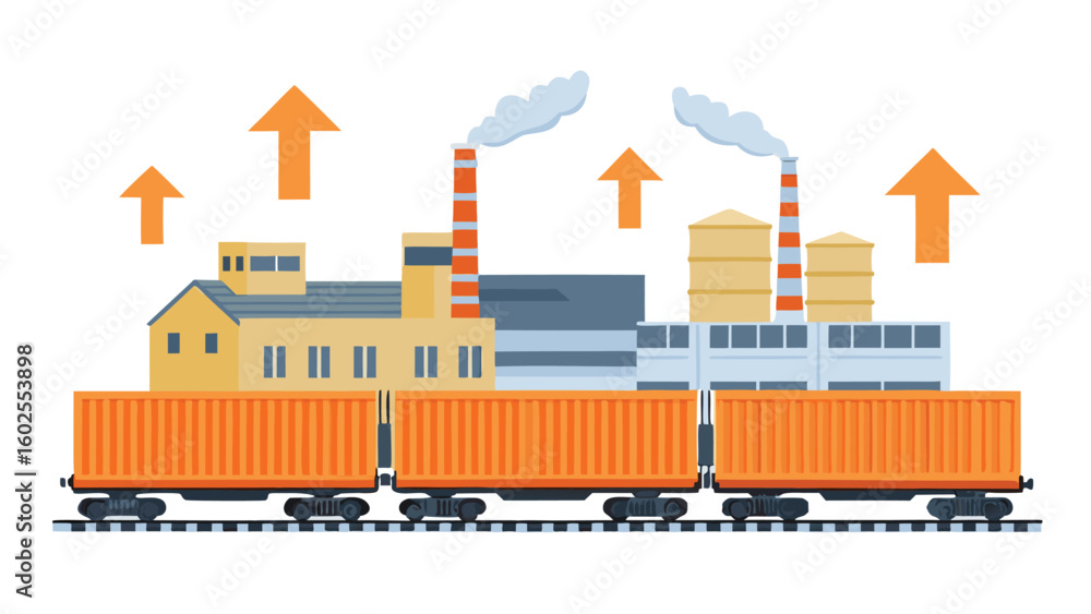 Illustration of a factory with smoke stacks, train cars, and upward pointing arrows in orange color Illustration of a factory with smoke stacks, train cars, and upward pointing arrows in orange color