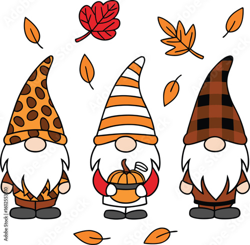 Cartoon gnomes adorned in patterned hats and autumn leaves float on white canvas