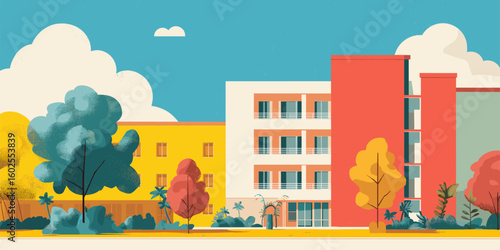 Campus Scene: Colorful vector illustration of a university campus with buildings and trees. Education, school, college, student life. Modern, bright, vibrant.
