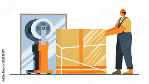 Man in overalls moving a large cardboard box next to a weighing scale and framed mirror image design