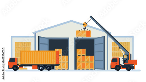 Illustration of a warehouse with trucks and a crane moving boxes showing logistics activity
