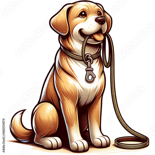 A Playful Pup: Captivating illustration of an adorable dog sitting attentively, holding a leash in its mouth, ready for a walk or adventure, embodying the joy and companionship a canine friend brings.