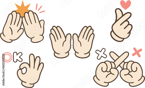 Cute Hand Gesture Icon Set – High Five, Waving, Finger Heart, OK Sign, Cross Mark