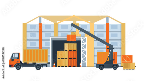 Illustration of a warehouse with a truck and crane loading shipping containers for transport