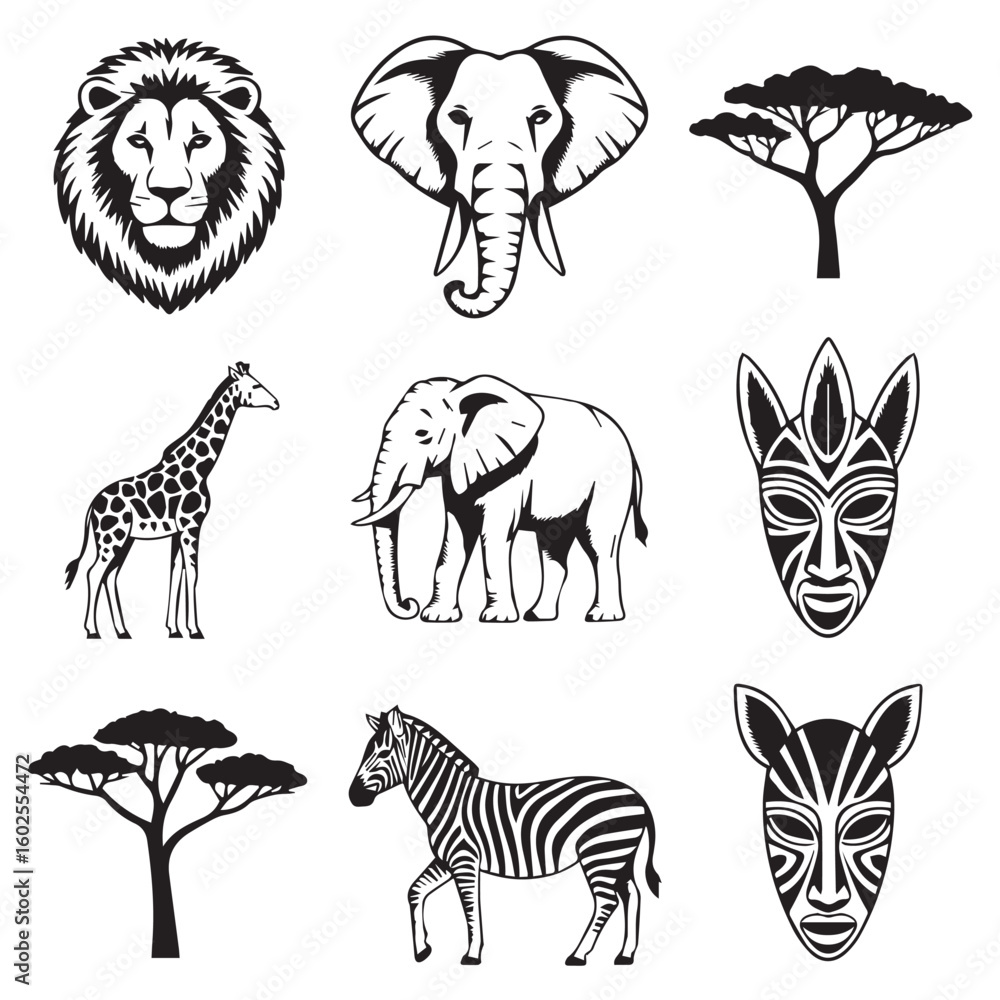 Obraz premium A collection of african wildlife icons including a lion, elephant, giraffe, zebra, tribal masks, and acacia trees