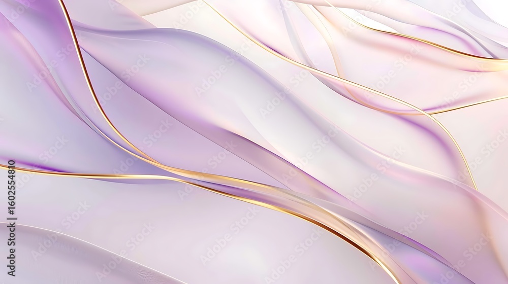 Fototapeta premium Fluid purple and white waves with gold lines create an elegant cosmetic brand background.