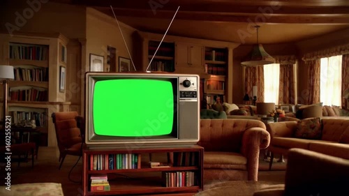 An old television with a green screen in living room animated chromakey background layers motion figure emotion colorful elements illustration depth movement creative expression scene