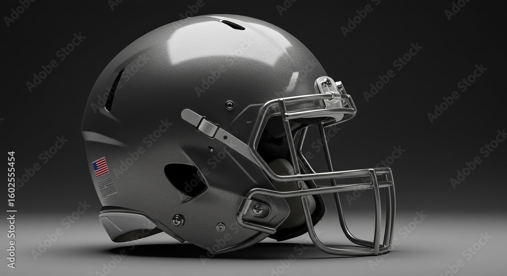 Fototapeta premium Gray Football Helmet with Metal Face Mask on Dark Background