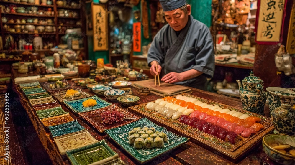 Fototapeta premium A skilled chef meticulously preparing sushi in a traditional Japanese kitchen with vibrant dishes