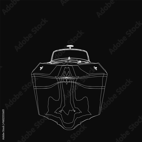 A sleek black and white speedboat contour glides across a dark background, its detailed curves and sharp lines standing out dramatically. The minimalist monochrome design emphasizes elegance.