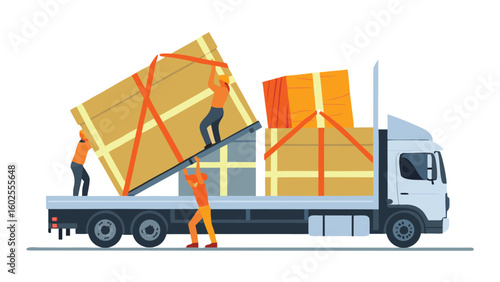 Workers loading large boxes onto a flatbed truck with orange straps and gray support structure carefully