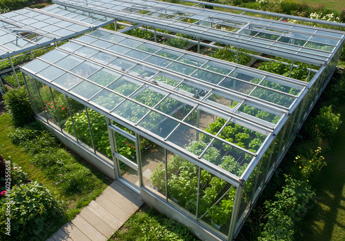 Modern glass greenhouses aerial view
