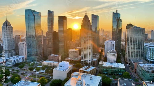 Sunrise illuminates Dallas skyline, showcasing modern skyscrapers and urban landscape.