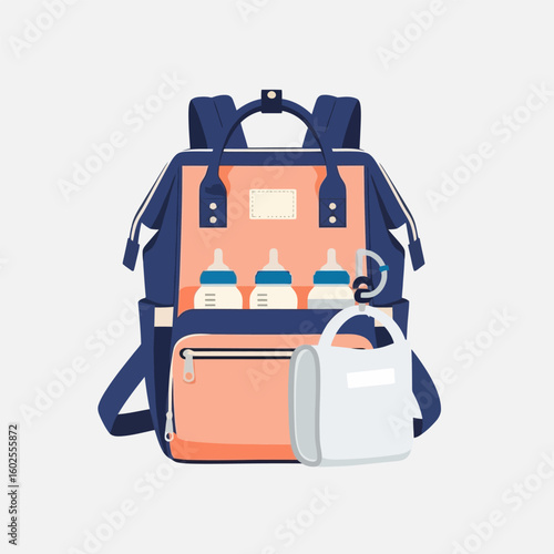 Organized Blue and Peach Baby Backpack with Bottles
