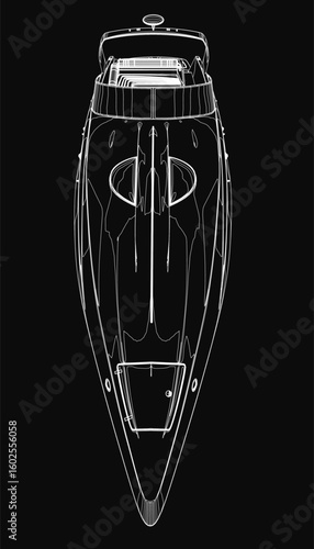 A sleek speedboat is outlined in crisp white against a deep black background, creating striking contrast with minimalist contour design. The dynamic lines emphasize movement and modern aesthetics,.
