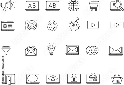 Digital marketing and interface icon set, web functionality graphics, UX symbol pack for apps, tutorials, branding, infographics, packaging, posters, and ecommerce