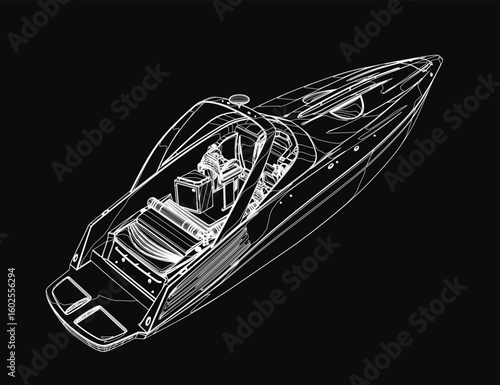 A sleek speedboat contour stands out in detailed black and white illustration, showcasing smooth curves and dynamic lines. The stark black background emphasizes the boat's elegant design.
