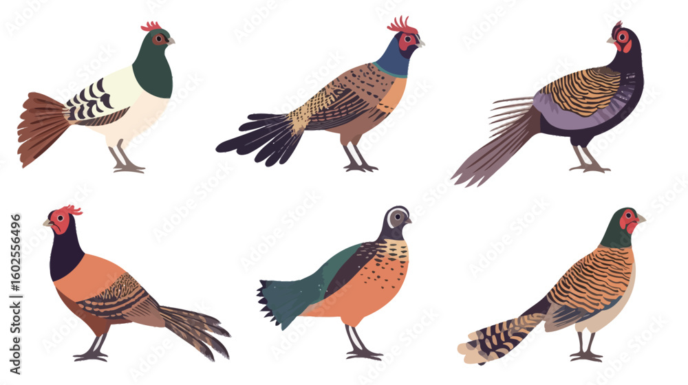 Fototapeta premium Silhouette vector set of pheasant birds in various standing and flying poses on a clean white background, representing elegant wildlife, game birds, natural habitat