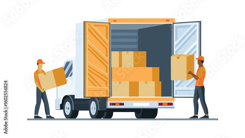 Two movers loading cardboard boxes into the back of a white delivery truck with open doors for transport