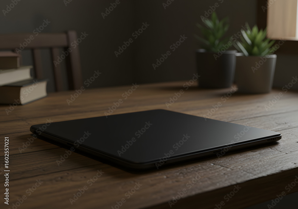 Modern black tablet on wooden table with plants and books Modern black tablet on wooden table with plants and books