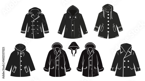 Raincoat with snap buttons vector stencil icon in simple monochrome style, showcasing outerwear protection, waterproof clothing, fashion detail, and functional rain gear design in isolated silhouette
