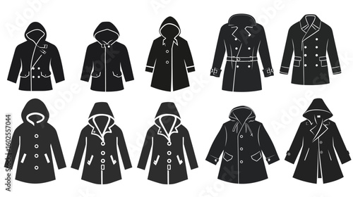 Raincoat with snap buttons vector stencil icon in simple monochrome style, showcasing outerwear protection, waterproof clothing, fashion detail, and functional rain gear design in isolated silhouette