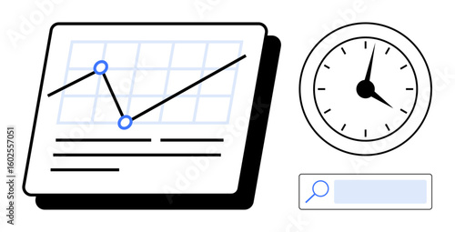 Line chart tracking metrics, clock visualizing time, and search bar for precision. Ideal for analytics, business growth, time management, productivity, research, tracking trends simple landing page