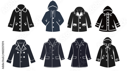Raincoat with snap buttons vector stencil icon in simple monochrome style, showcasing outerwear protection, waterproof clothing, fashion detail, and functional rain gear design in isolated silhouette