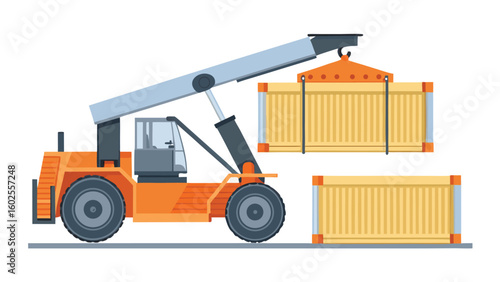 Illustration of a straddle carrier lifting a shipping container with another container below it