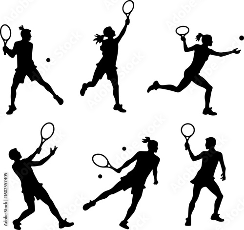 Tennis Player Silhouettes in Action"