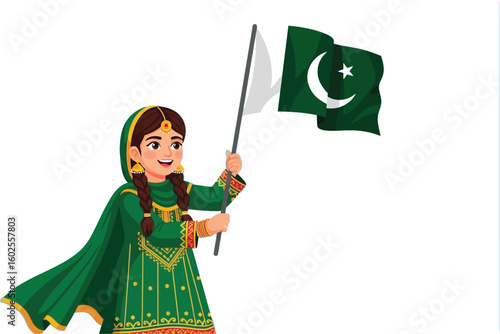 Pakistan independence day girl holding flag illustration vector design art