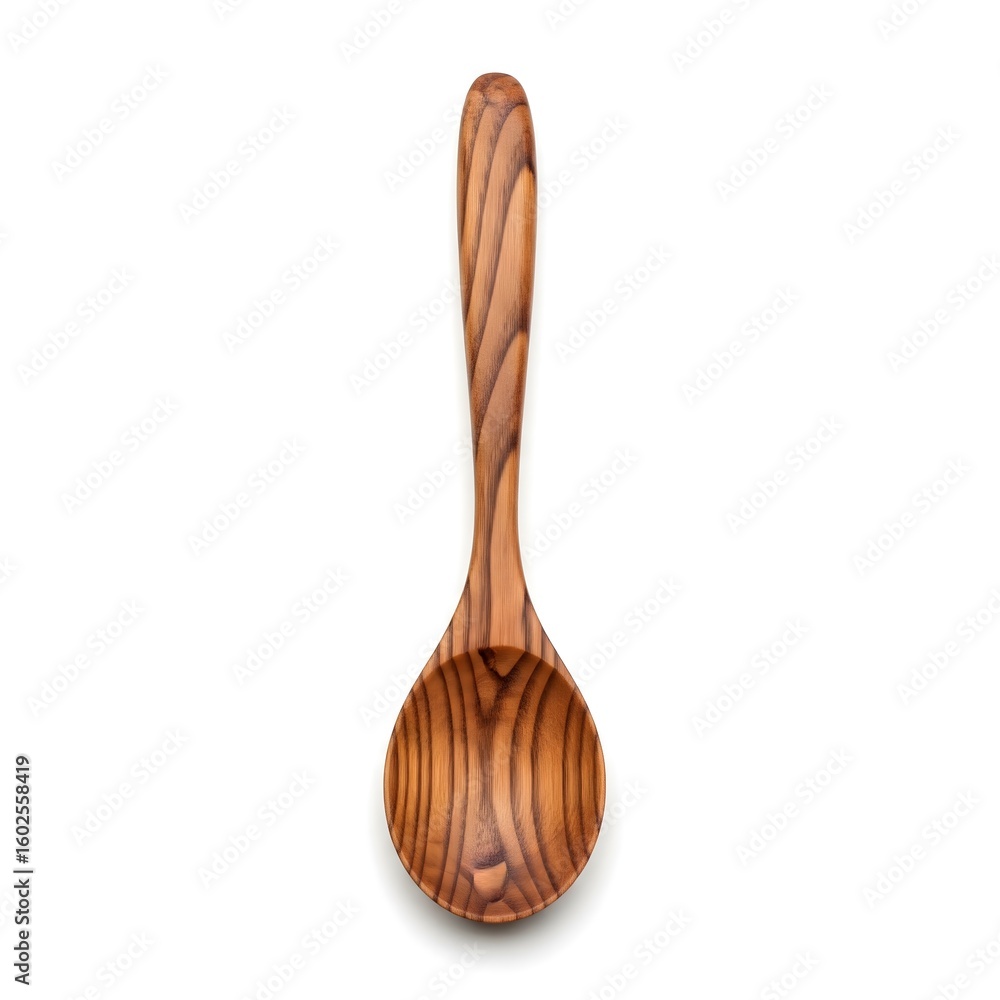 Wooden spoon with long smooth handle and carved bowl, isolated on white background Wooden spoon with long smooth handle and carved bowl, isolated on white background