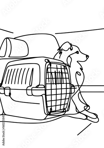 Line art of dog and pet carrier inside vehicle