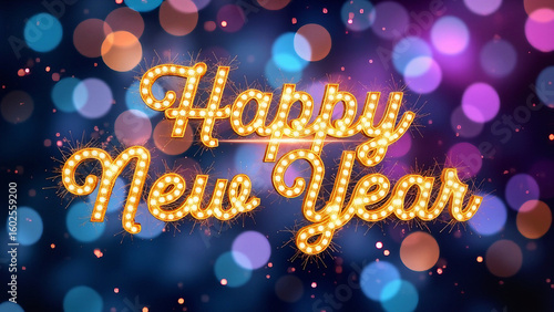 Happy New Year Neon Sign with Colorful Bokeh Lights | Bright Happy New Year Sign with Festive Lights | New Year Neon Message on Bokeh Background

