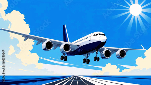 Soaring Dreams: An aircraft ascends, painted against a bright blue sky, its journey mirroring the boundless opportunities of exploration. This eye-level view highlights the grace and adventure.