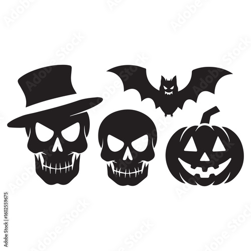 A black silhouette of a skull wearing a hat, a flying bat, and a smiling jack lantern with a triangle nose against a white background.